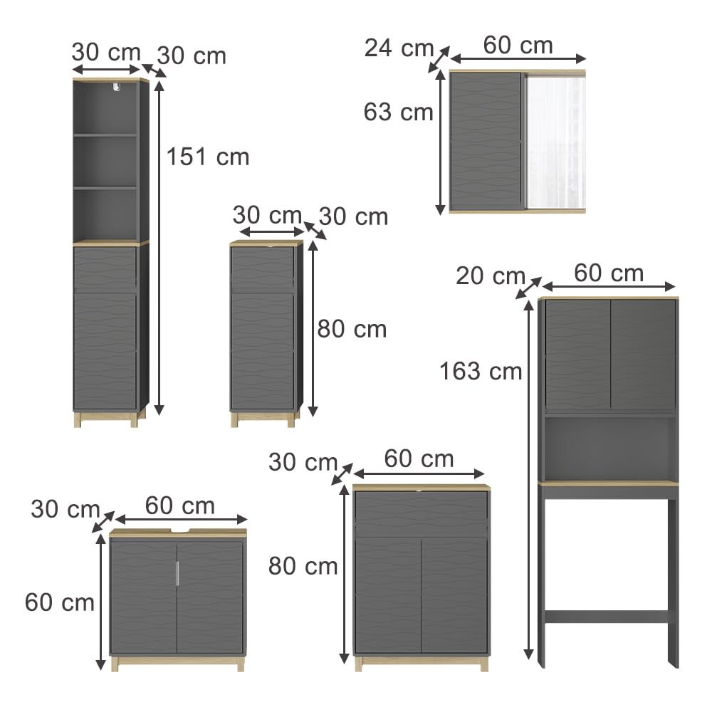 Vicco Meubles Bain Livia, Anthracite/chêne, 6 pièces