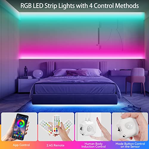 Motion Sensor Under Bed Lights, 9.8Ft Rgb Led Strip Lights With Stay-On,Motion-Activated,Night Sensing 3 Modes,Remote,App Control, Usb Motion Sensor Led Light Strip For Bedroom Cabinet Kitchen Stair #TOP3