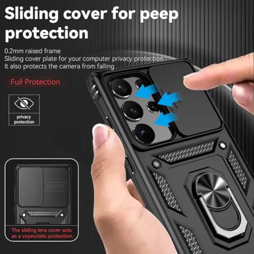 Image of Scalebee Rugged Back Cover for Samsung Galaxy S24 Ultra 5G Heavy Duty Armor Slide Camera Cover Built-in Rotated Ring Kickstand (Black)