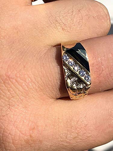 14k Gold Over Real Solid 925 Sterling Silver Men's Silver Nugget Ring - Iced CZ & Black Onyx - Pinky or Ring Finger - Sizes 6-134