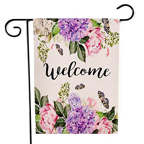 Welcome Spring Garden Flag Hudrangea Peony Flowers Wreath Vertical Double Sided Fall Burlap Yard Outdoor Decoration 12 x 18 Inch