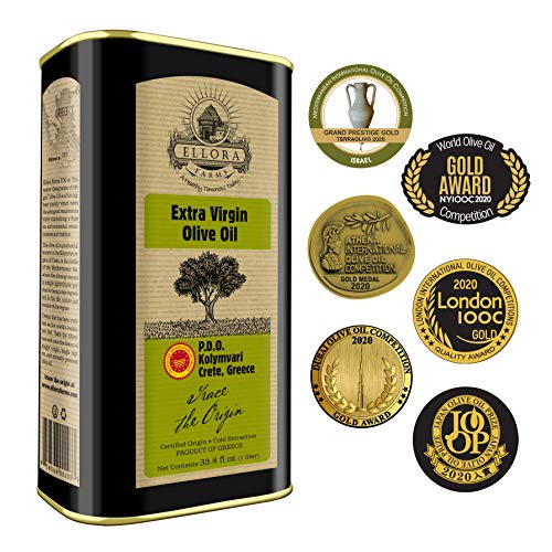 Ellora Farms, 2020 Gold Award Winner, Single Origin & Single Estate, Cold Press & Traceable Olive Oil, Harvested in Ancient Crete, Greece, 33.8 oz Tin and 8.45 oz Bottle Combo Pack
