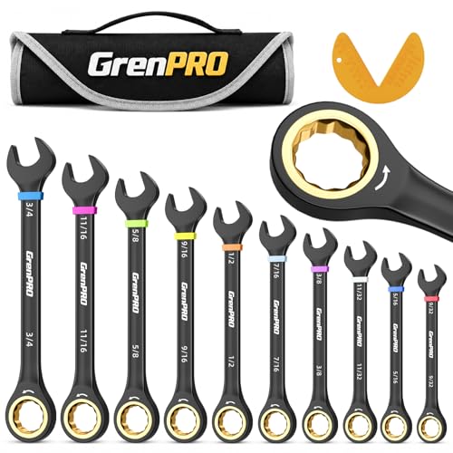 Image of GRENPRO Ratchet Wrenches Set, Ratcheting Wrench Set With Roll Up Pouch, 11PC SAE Large Small 9 /32 To 3 /4 Long Open End Socket Wrench Organizer With Color Ring & Gauge, Big Combination Wrench Tool Sets