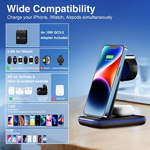 Wireless Charging Station For Apple Products, 3 In 1 Wireless Charger For Iphone 14/13/12/11/Pro/Max/8/Plus, Airpods 3/Pro/2, Charger Stand For Apple Watch 8 Se 7~2 With Qc3.0 Adapter #TOP2
