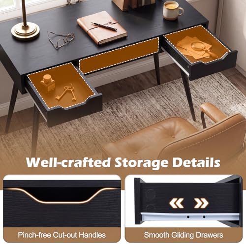 Image of Tangkula Mid Century Modern Computer Desk, Writing Desk with 2 Drawers & Open Center Storage, Small Wooden Study Table for Home Office & Compact Spaces (Black)