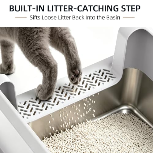 Image of XL Stainless Steel Cat Litter Box with High Sided Enclosure, Scoop & Mat