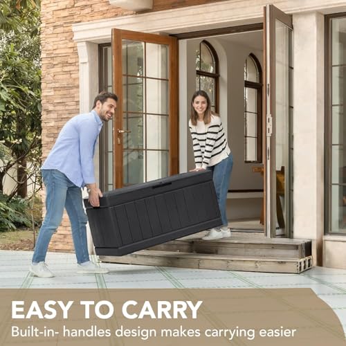 Image of Devoko 85 Gallon Deck Box Lockable Resin Outdoor Storage Box waterproof Outdoor Container for Patio Furniture Cushions, Pillow (Black)
