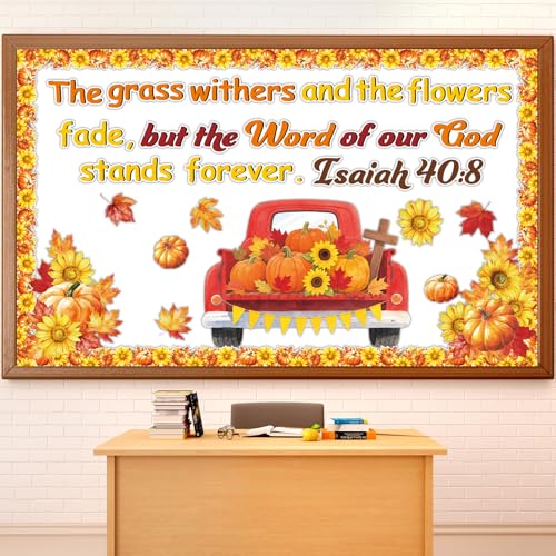 Fall Bulletin Board Decorations Set Religious Pumpkin Classroom Decor Pumpkin Truck Sunflower Maple Leaf Cutout Thanksgiving Autumn Harvest Party School Classroom Chalkboard Wall Church Supplies Favor
