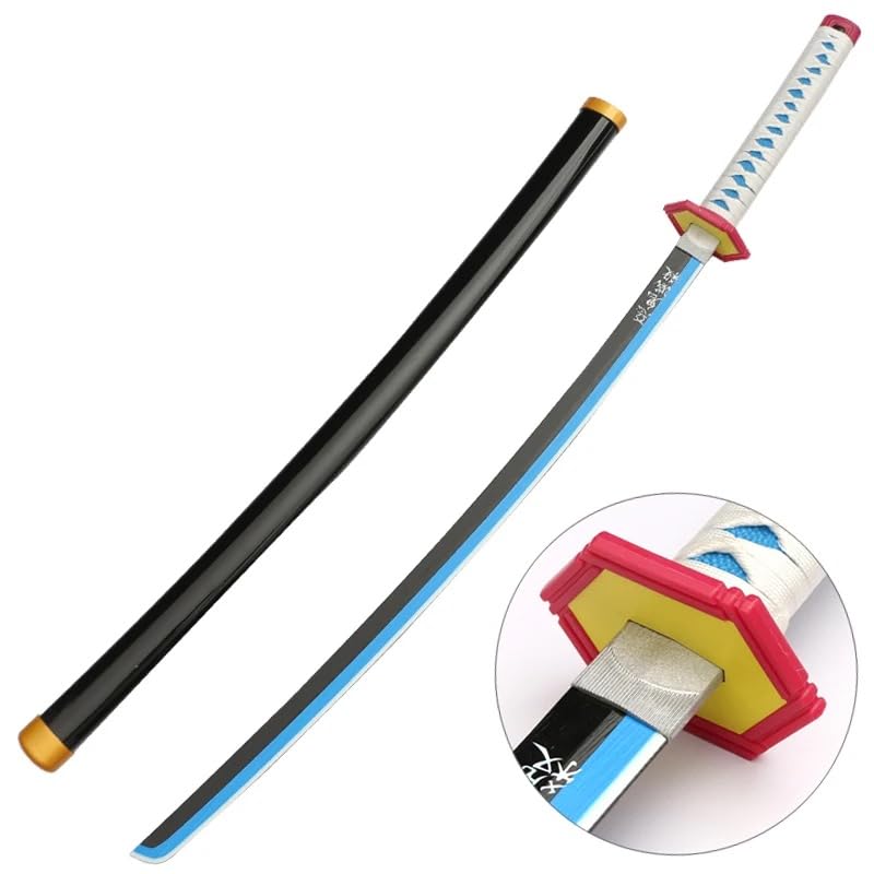 Image of EXCELCHOICE Demon Slayer Tomioka Giyu Katana Wooden Sword /Katana Toy Life Size Nichirin 104CM Bamboo Wood Giyu Water Hashira 2024 (with Single Layer Stand) Anime Cosplay Replica
