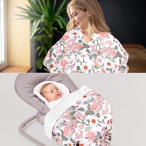 Image of TANOFAR Baby Carseat Canopy, Peekaboo Opening Car Seat Canopy for Babies, Soft and Breathable Infant Carrier Canopy, Multi-use Baby Carrier, Stroller, Nursing Cover, Minky Blanket, Retro Flower