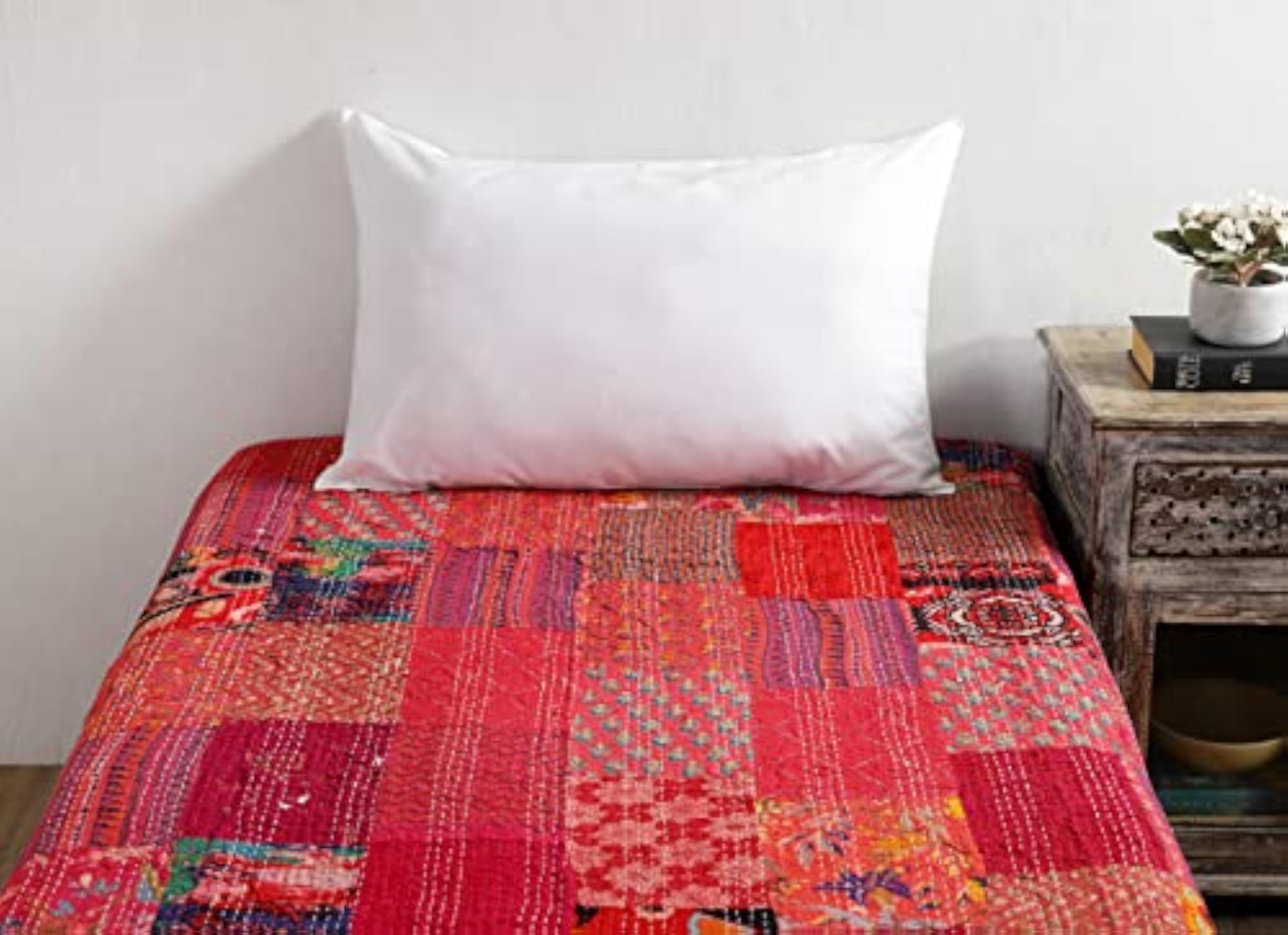 Red Patchwork Kantha Quilted Quilt Blanket