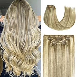 Honsoo Clip in Hair Extensions Real Human Hair, Balayage Hair Extensions Mixed Bleach Blonde 12inch 70g 7pcs Straight Silky Blonde Hair Extensions For Women Natural Hair