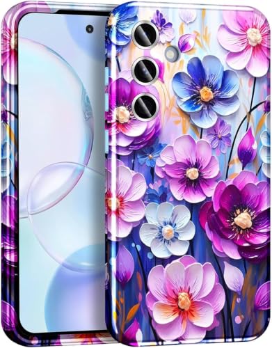 Miqala for Galaxy S24 Case,Glow in The Dark Three Layer Heavy Duty Shockproof Protection Hard Plastic Bumper+Soft Silicone Protective Case for Samsung Galaxy S24 5G,Paint Flowers