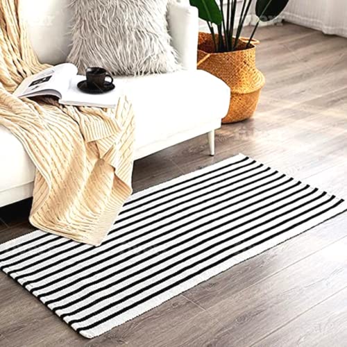 Breezsisan Black And White Striped Outdoor Rug, Cotton, 23.5X51.2 Inches Striped Rug & Under Mat Rug For Front Porch, Patio, Entryway & Farmhouse, Handwoven Modern Rug, Striped Carpet & Welcome Mat. #TOP4