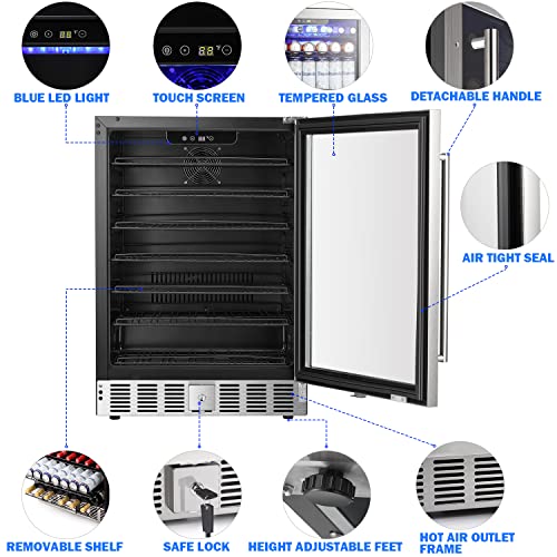 Image of COWSAR Wine Cooler Refrige ETL Approved 24inch Wine Fridge Freestanding or Built-in Wine Refrigerator 5.1Cu.Ft Wine Fridge Under Counter Stainless Steel Wine and Beverage Refrigerator with Glass Door