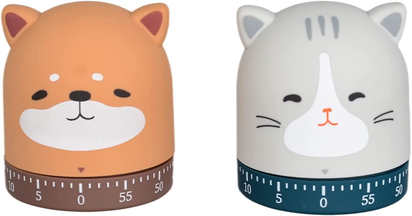 2 Pack Mechanical Kitchen Timer, 60-Minute Wind Up Dial, 360° Rotating Countdown Egg Reminder, No Batteries Loud Ring, Cute Time Management for Classroom, Home, Study and Cooking(Cat and Dog)