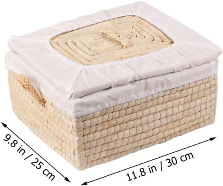 Zerodeko Woven Bread Storage Basket with Lid, 25x30x14cm Food Serving Tray and Egg Organizer, Beige Straw Basket for Kitchen and Dining Table Storage