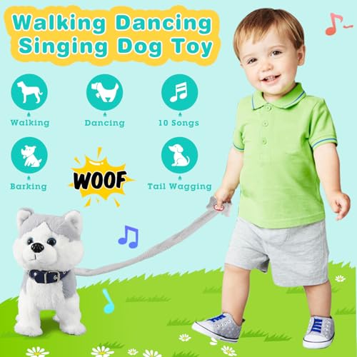Marsjoy Husky Spielzeug Hund Ostern Geschenke für Kinder Haustier Hund Spielzeug Mädchen Junge Interaktives Plüschtier mit Gehen,Bellen,Schwanzwedeln, Singen Funktion