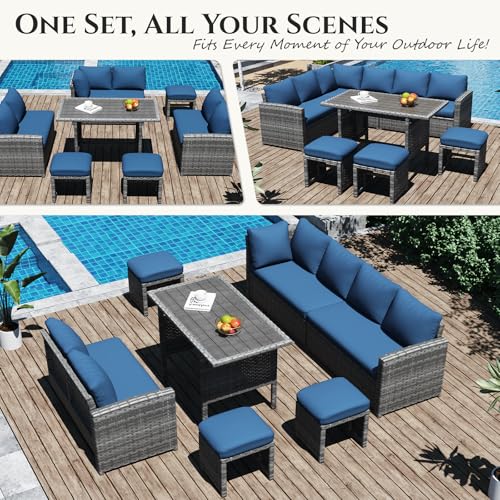 Image of U-MAX 7 Pieces Patio Furniture Set with Waterproof Cover, Outdoor Sectional Sofa Conversation Set, All Weather Wicker Rattan Dining Table & Chair with Ottoman, Grey Rattan&Dark Blue Cushion