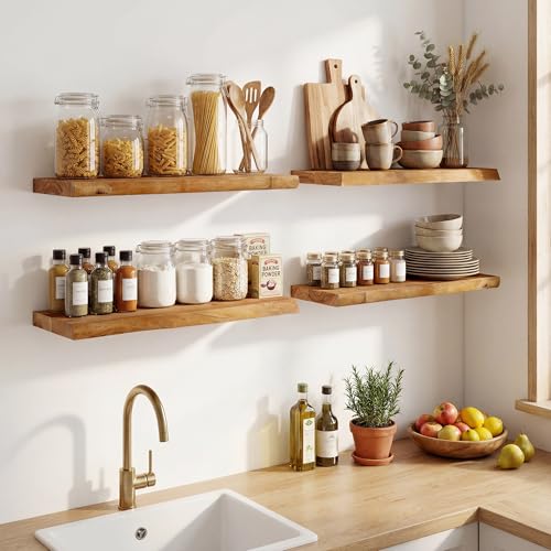 Image of 18 inch Floating Shelves for Wall Live Edge, Natural, 2PCs | 8'' D Rustic Solid Elm Wood Floating Shelves Wall Mounted, Wall Shelves, Invisible Bracket, Living Room Bedroom Kitchen