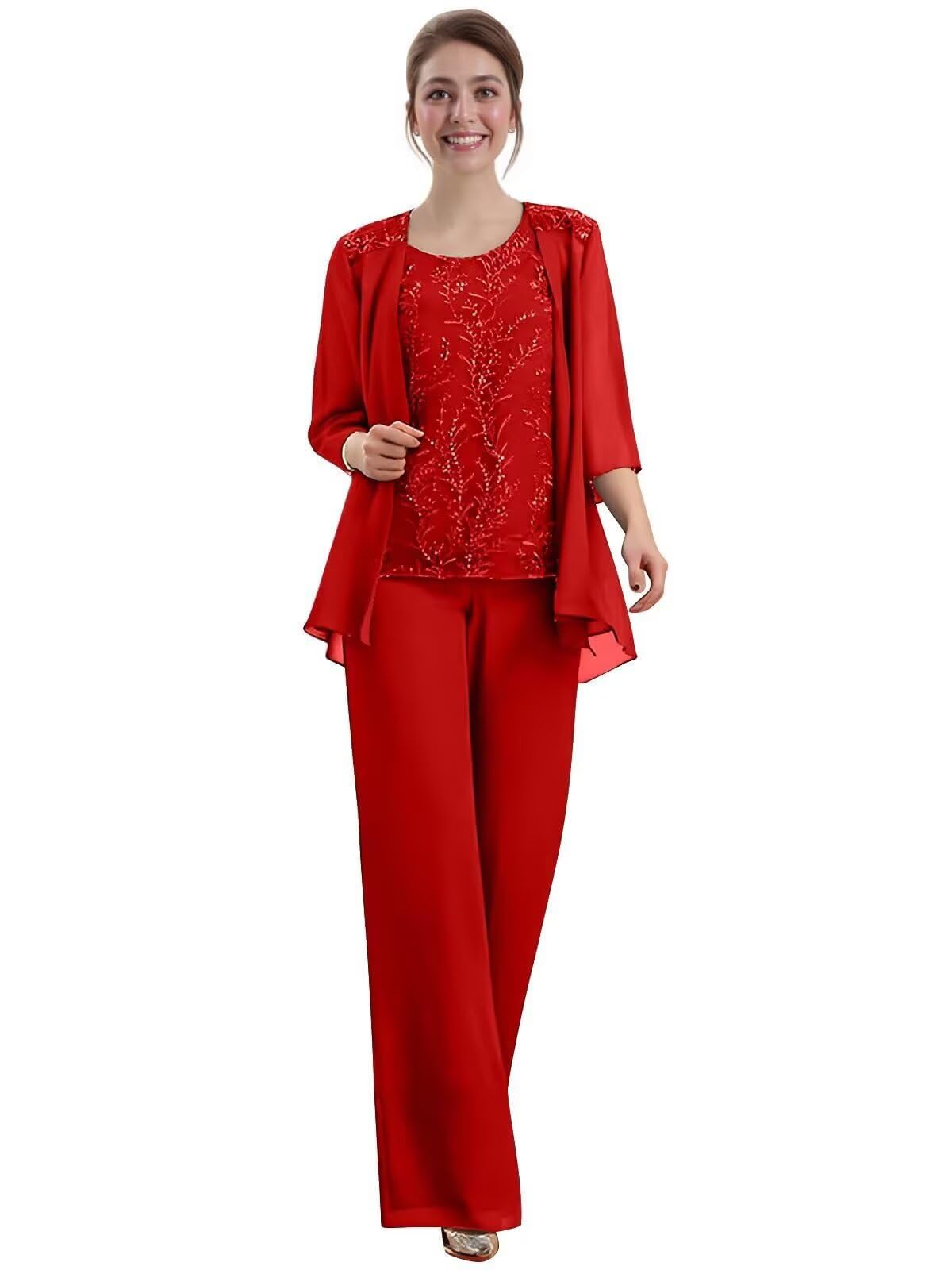 Chiffon Appliques Mother of The Bride Pant Suits 3 Pieces Women Formal Wedding Dress with Jacket