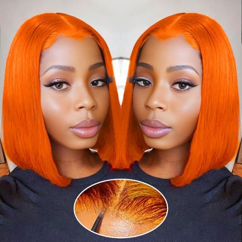 GUDOZO Ginger Bob Lace Front Wigs Human Hair 180% Density Glueless Wigs Human Hair Pre Plucked Pre Cut 4x4 HD Lace Front Wigs Human Hair for Black Women 12 inch