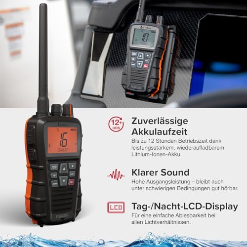 Cobra BlueBound 350 VHF Marine-Handfunkgerät – 6 Watt, schwimmfähig, Float n' Flash, IPX7, wasserdicht, Tag/Nacht-LCD-Display, Tri-Watch, schwarz, 1 Stück