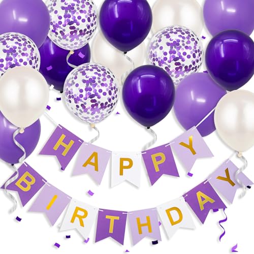 Gidobo Happy Birthday Banner for Women Purple Birthday Party Decorations with 16pcs 12 Latex Balloons Bunting for Birthday Party Supplies