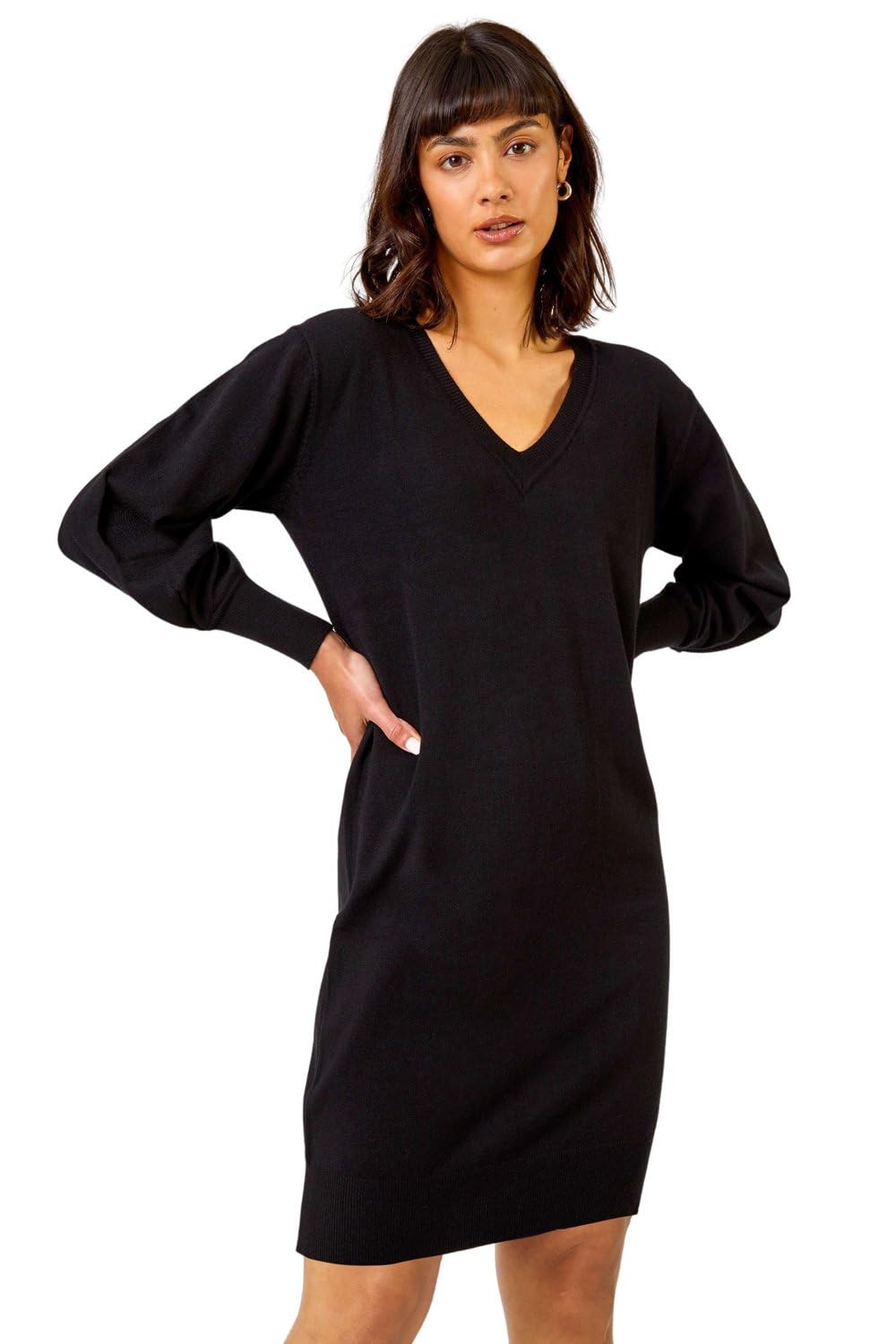 Roman Originals Women's Black Knitted Jumper Dress For Uk Knit Knitwear Autumn Winter Casual Smart Pull On Work Long Sleeves Slouch Relaxed Flattering Over Knee Length V Neck - Size 16