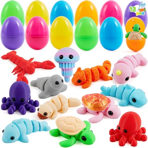 Image of JOYIN 12Pcs Prefilled Easter Eggs with Mini Sea Animals, Articulated Toys, 3D Printed Toys, Basket Stuffers for Boys & Girls, Party Favors, Easter Egg Hunt, Classroom Supplies(Age 8+)