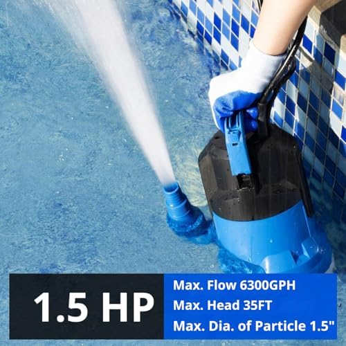 FOTING Sump Pump, High Flow Submersible Water Pump with Float Switch, Automatic Clean/Dirty Utility Pump for Basement Puddle Pool Tub Pond Draining, 1.5 HP, 6300GPH - 1
