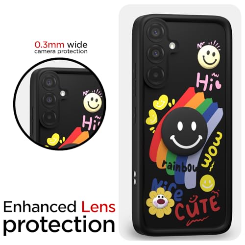 Image of Pikkme Back Cover for Samsung Galaxy A36 5G | Soft Silicone| Cute Rainbow Smile & 3D Cartoon Flower Design | Shockproof Raised Camera Protection Bumper Case (Black)