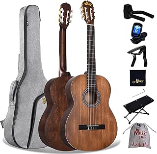 Winzz Klasyczna hiszpańska gitara 4/4, pełnowymiarowa dla dorosłych, początkujących z kompletnymi akcesoriami (99 cm, matowy brąz)
