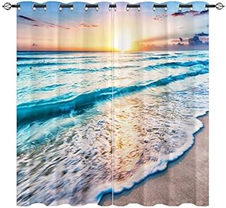 YUANZU Beach Curtains, Tropical Sea Beach Ocean Hawaiian Sunset Sea Waves Scenery 3D Pattern, Blackout Fabric Eyelet Window Drapes for Living Room Bedroom W75cm (29.5") x D166cm (65") 2 Panels