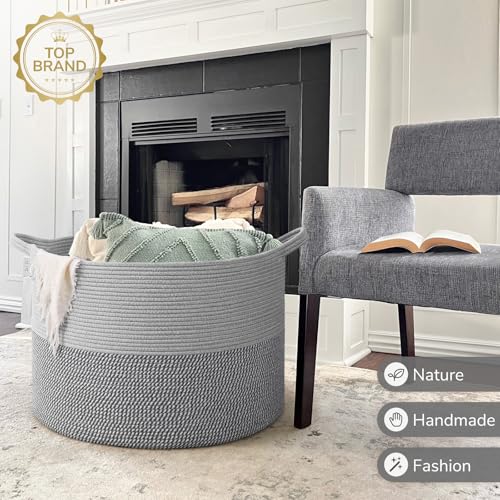 Image of INDRESSME 115L Extra Large Blanket Basket, Cotton Rope Basket for Nursery Living Room, Decorative Woven Storage Baskets with Handles for Dirty Clothes, Toy Bin For Dog Toys, Grey