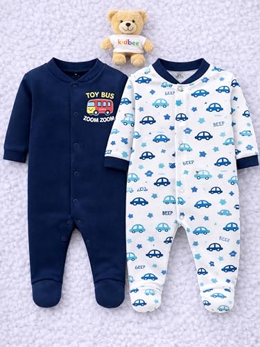 Image of Kidbee Baby Cotton Romper Pack of 2 | 100% Soft Cotton Hosiery | Front Open Snap Buttons | Full Sleeve Footed Sleepsuit | Newborn Baby Clothing Set