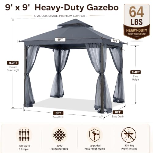 Image of MASTERCANOPY 9x9 ft Stable Patio Gazebo with Netting Walls, Dark Gray