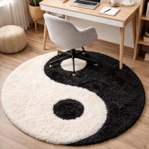 Image of Ultra Soft Plush Shaggy Polyester Round Area Rug for Kids Playroom Nursery Bedroom and Safe Indoor Play Spaces - (Yin Yang, Round, 4x4 feet)