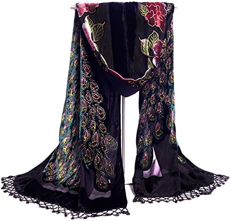 COCONEEN Peacock Embroidered Beads Long Scarf Shawls Black