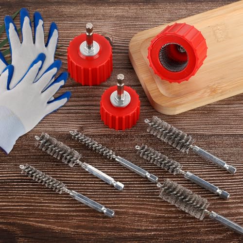 Image of 10pcs Copper Pipe Cleaner Set for Power Drill, Include 1 /2 inch 3 /4 inch 1 inch Tube Brush and 6pcs Wire Bore Brush Metal Pipe Cleaner Kit with Gloves for Drill Bit Cleaning Copper Tool Pipes Tubes and Fittings