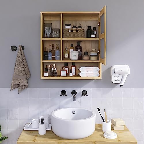 Miniatura 6 de Smibuy Gabinete De Espejo De Baño Montado En La Pared, Botiquín De Ahorro De Espacio De Bambú, Gabinete De Pared Sobre Inodoro Con Puerta De Espejo Y Estante Ajustable Natural