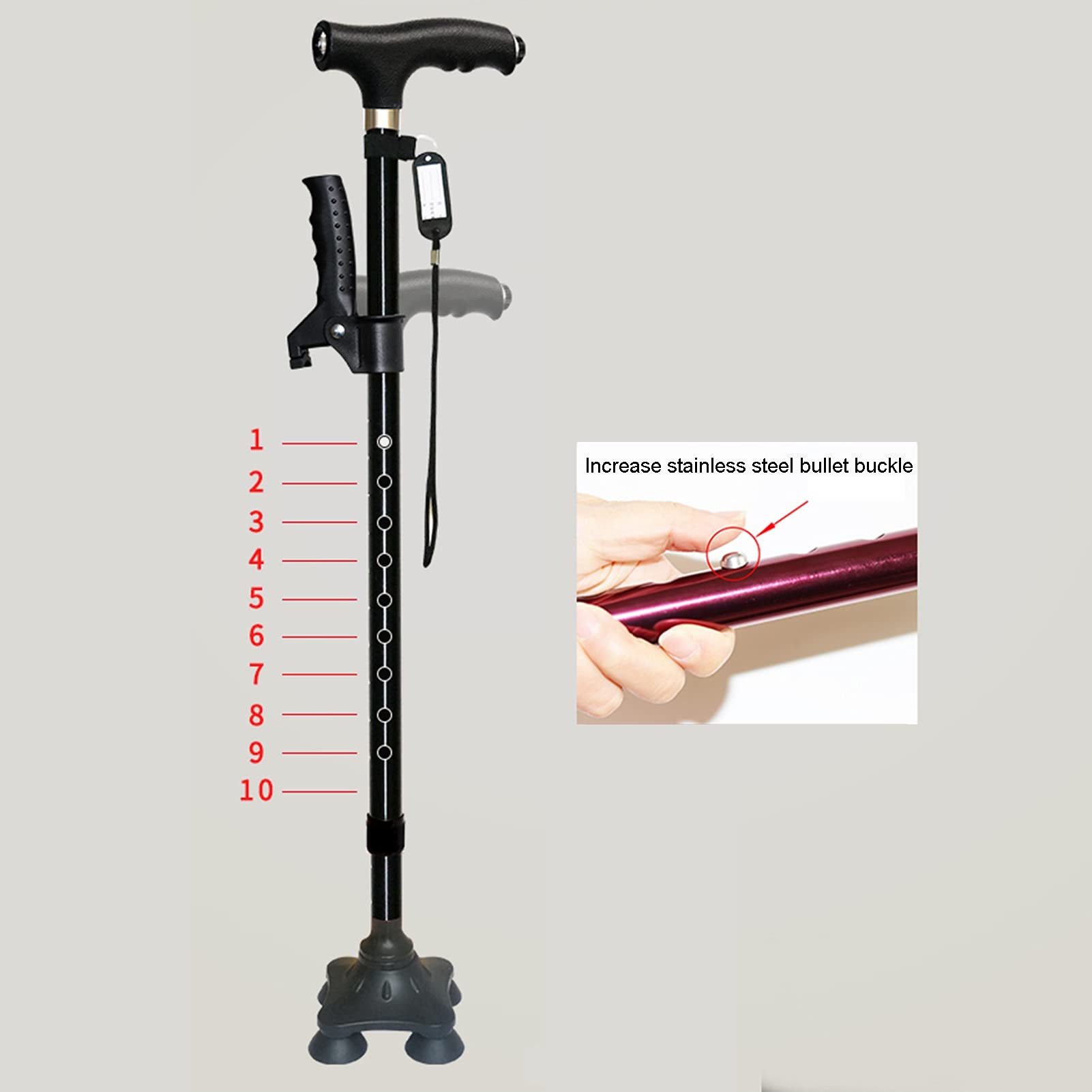 Bastón para Ancianos Bastones multifuncionales de aleación de Aluminio, Bastones de Cuatro Patas, Bastones telescópicos para Ancianos con Luces LED (Color : Negro)