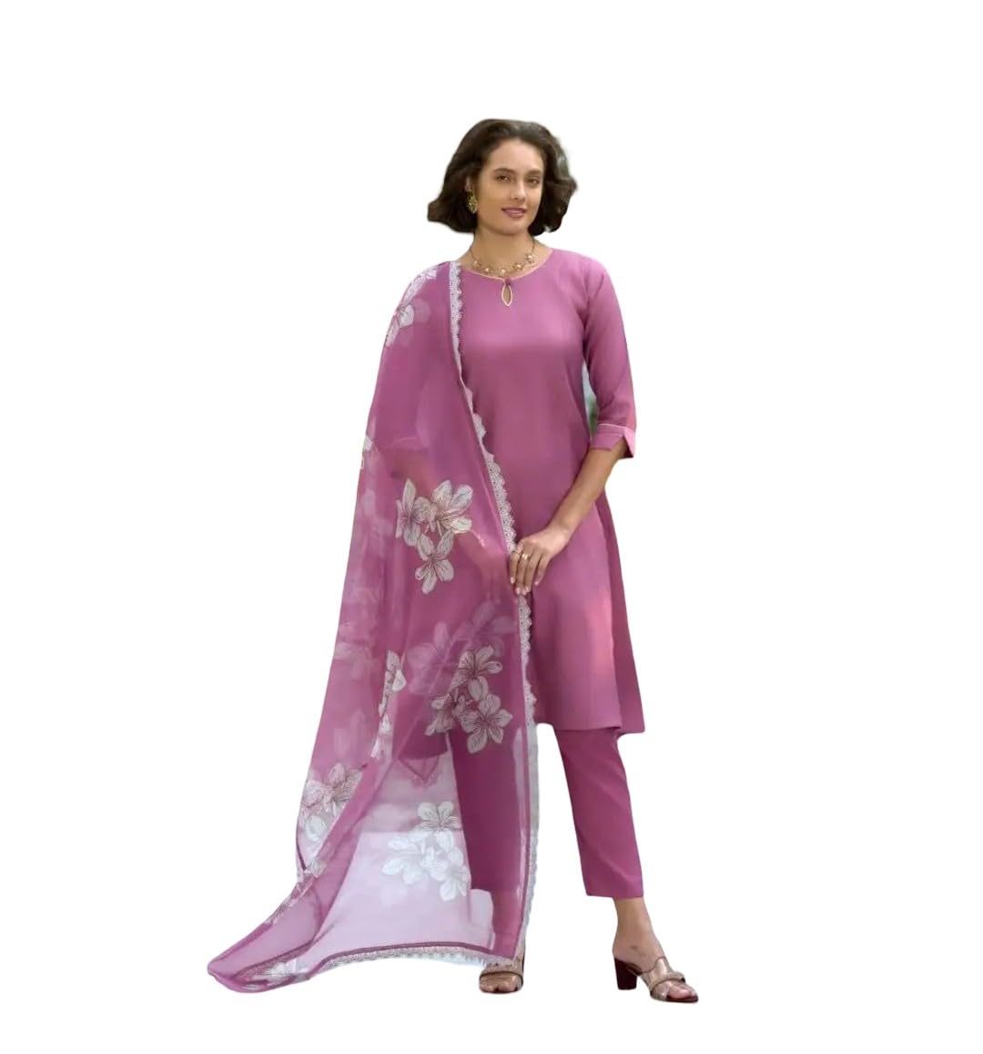Women’s Solid Pink Kurta Pant Set with Floral Organza Dupatta (IN, Alpha, XL, Regular)