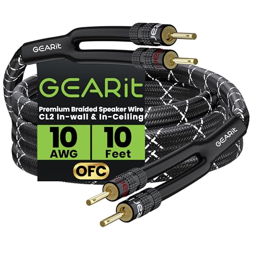 gearit 10awg speaker cable wire with gold-plated banana tip plugs 10 feet in-wall cl2 rated heavy duty braided 999 oxygen-free copper ofc - black