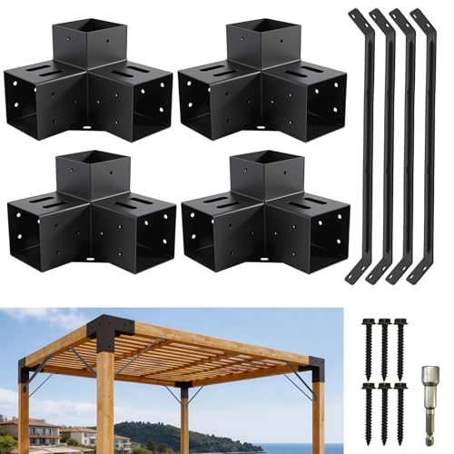 AXWHYS 4 Pcs 4x4 3 Way Right Pergola Brackets(Actual Fit 3.6x3.6)