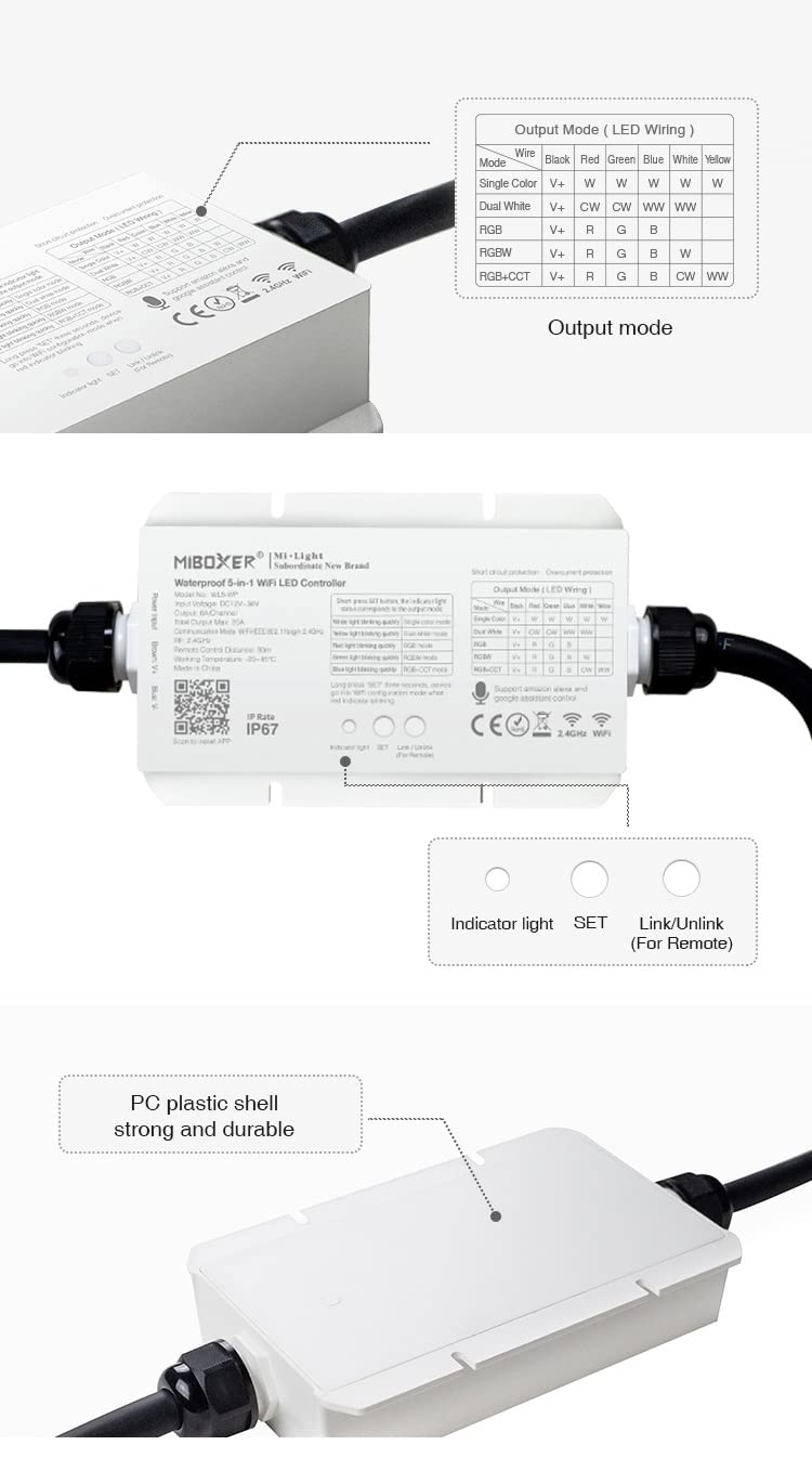 LIGHTEU®, Milight Miboxer wasserdichter 5in1 WiFi LED Strip Controller, Amazon Alexa und Google Home Sprachsteuerung Fernbedienung und APP Steuerung Kompatibel mit 5 verschiedenen Ausgabemodi WL5-WP