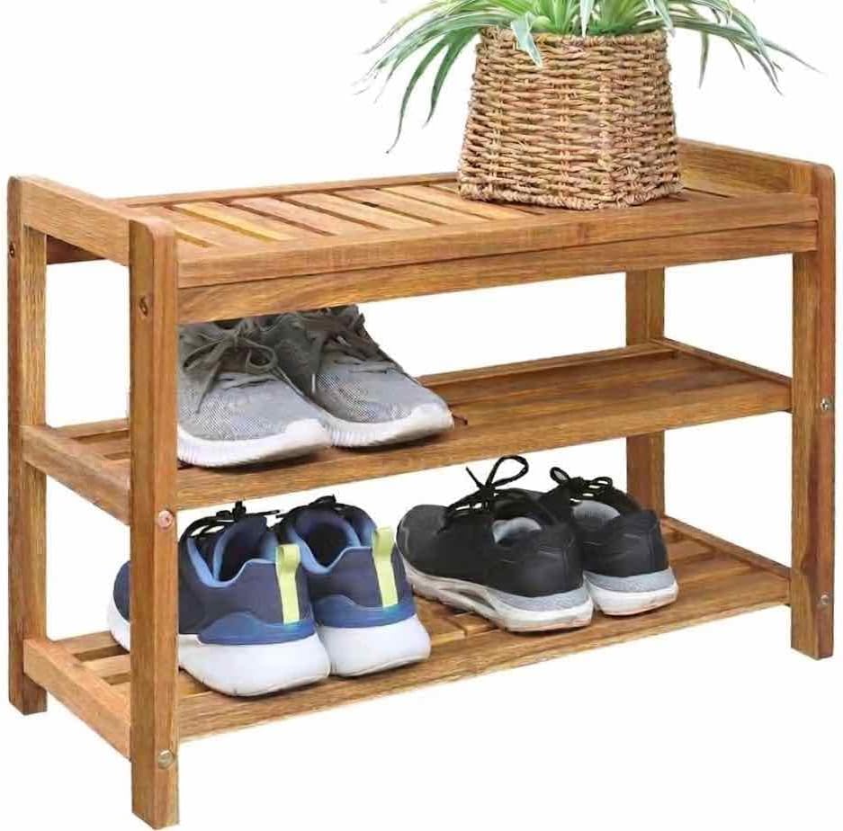 27-Inch Wooden Shoe Bench for Entryway, 3-Tier Storage Organizer, Rustic Shoe Rack Bench for Narrow Spaces, Brush Grey