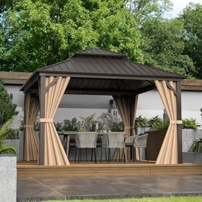 Domi 12'x12' Hardtop Gazebo Canopy Metal,Outdoor Aluminum Gazebo with Galvanized Steel Double Roof,Curtain and Netting,Permanent Gazebo Pavilion for Patio Deck,Backyard