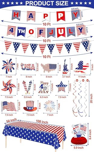 Image of 29 PCS Patriotic Decorations Set, 4th of July Party Decorations Red White Blue USA Flag Banner Tablecloth Hanging Swirls Pennant Honeycomb Table Decor Memorial Day Fourth July Party Favors