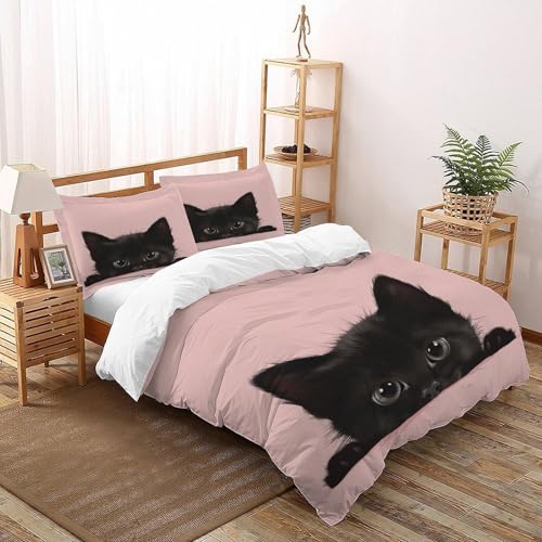 Couvre-lit imprimé chat noir avec 2 taies d'oreiller microfibre confort doux